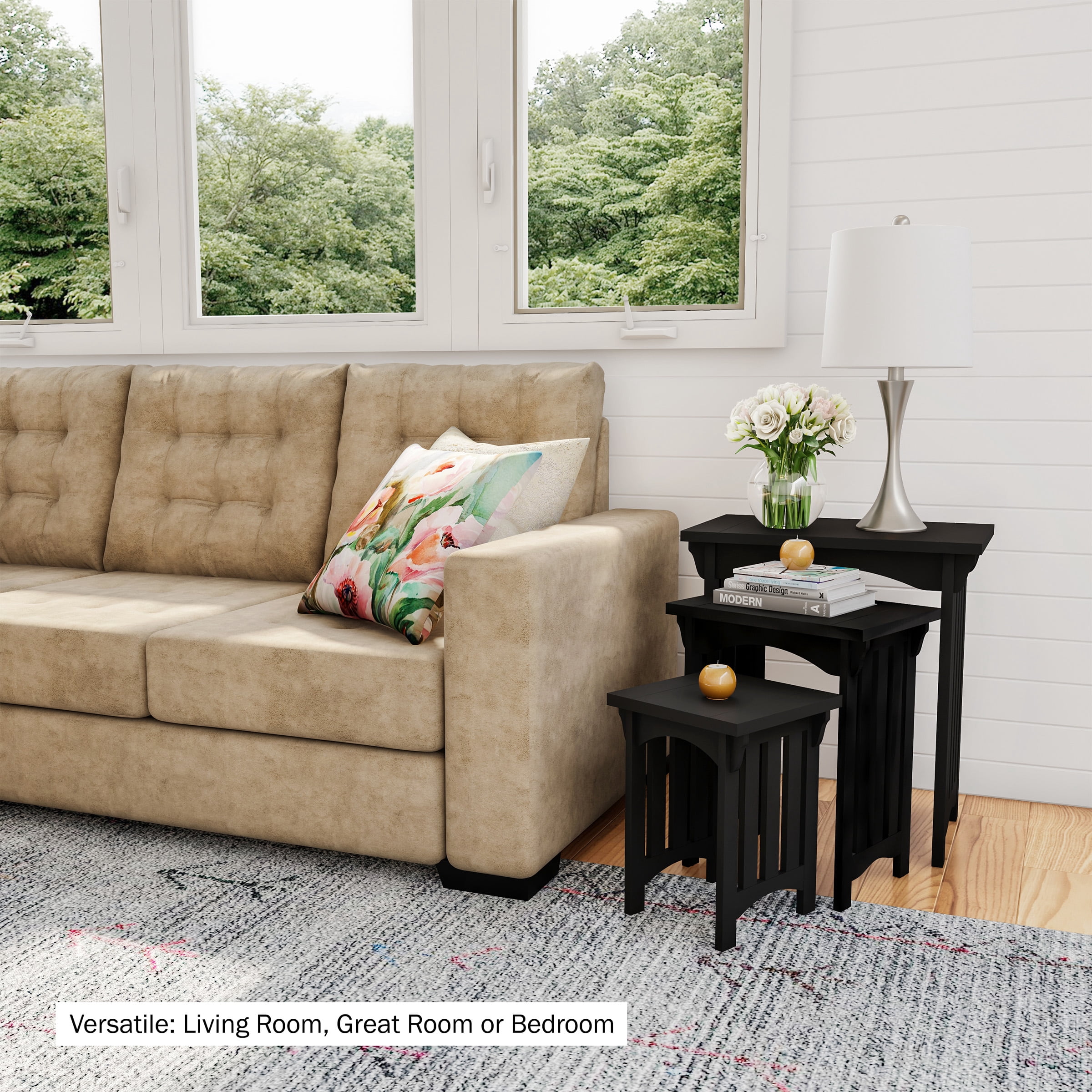 Nesting Tables-Set of 3, Traditional with Mission Style Legs by Lavish Home (Black)
