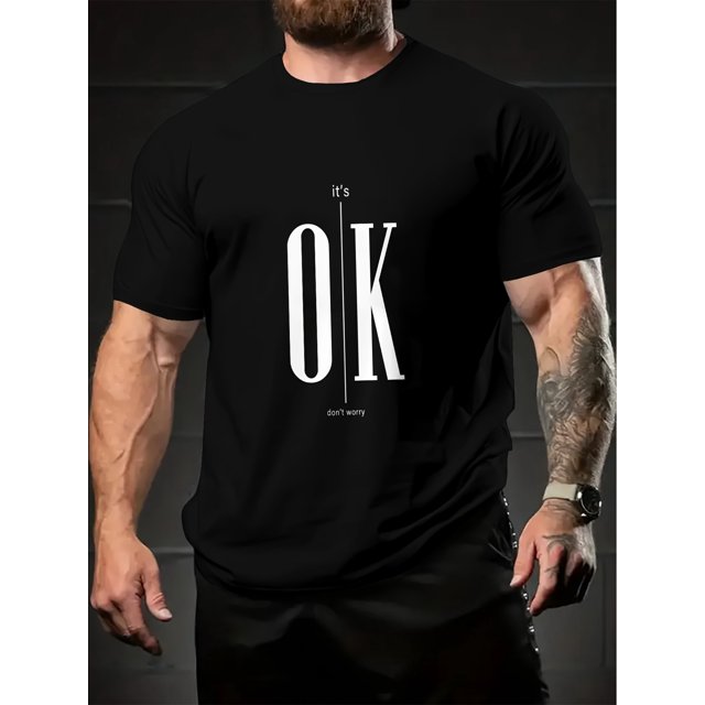 Men'S 3D Print Round Neck T-shirt, Loose Top OK Letter Pattern Breathable Casual Short Sleeves Polyester Tops for Summer Weekend Casual