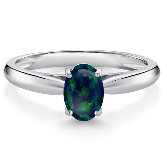 Gem Stone King 10K White Gold Green Simulated Opal Solitaire Engagement Ring for Women (0.63 Cttw, Oval Cabochon 7X5MM, Gemstone October Birthstone, Size 9)