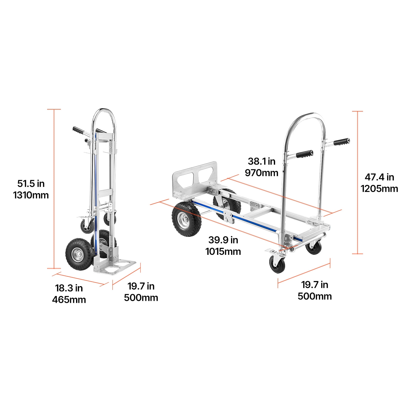 KFFKFF 2-in-1 Convertible Hand Truck, 1000 lbs Capacity for 4-Wheel Configuration, Heavy-Duty Dolly with Non-Slip Handle & Durable Wheels, Versatile Cart for Home, Warehouse, and Supermarket Use