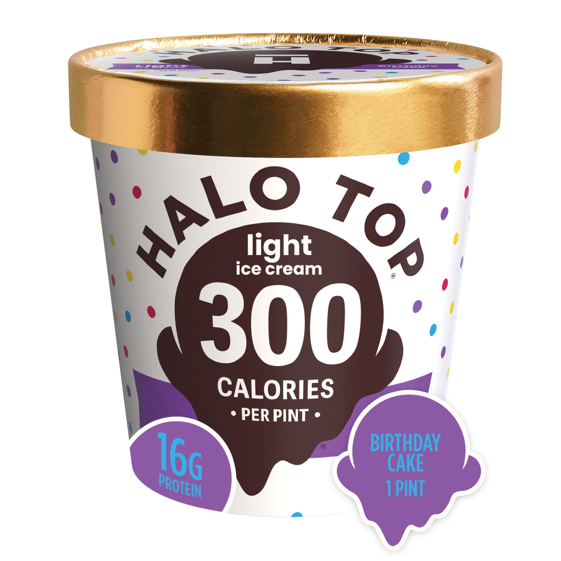 Halo Top Birthday Cake Light Ice Cream, With A Good Source of Protein, Lower Calorie Frozen Dessert, 16 fl oz Pint