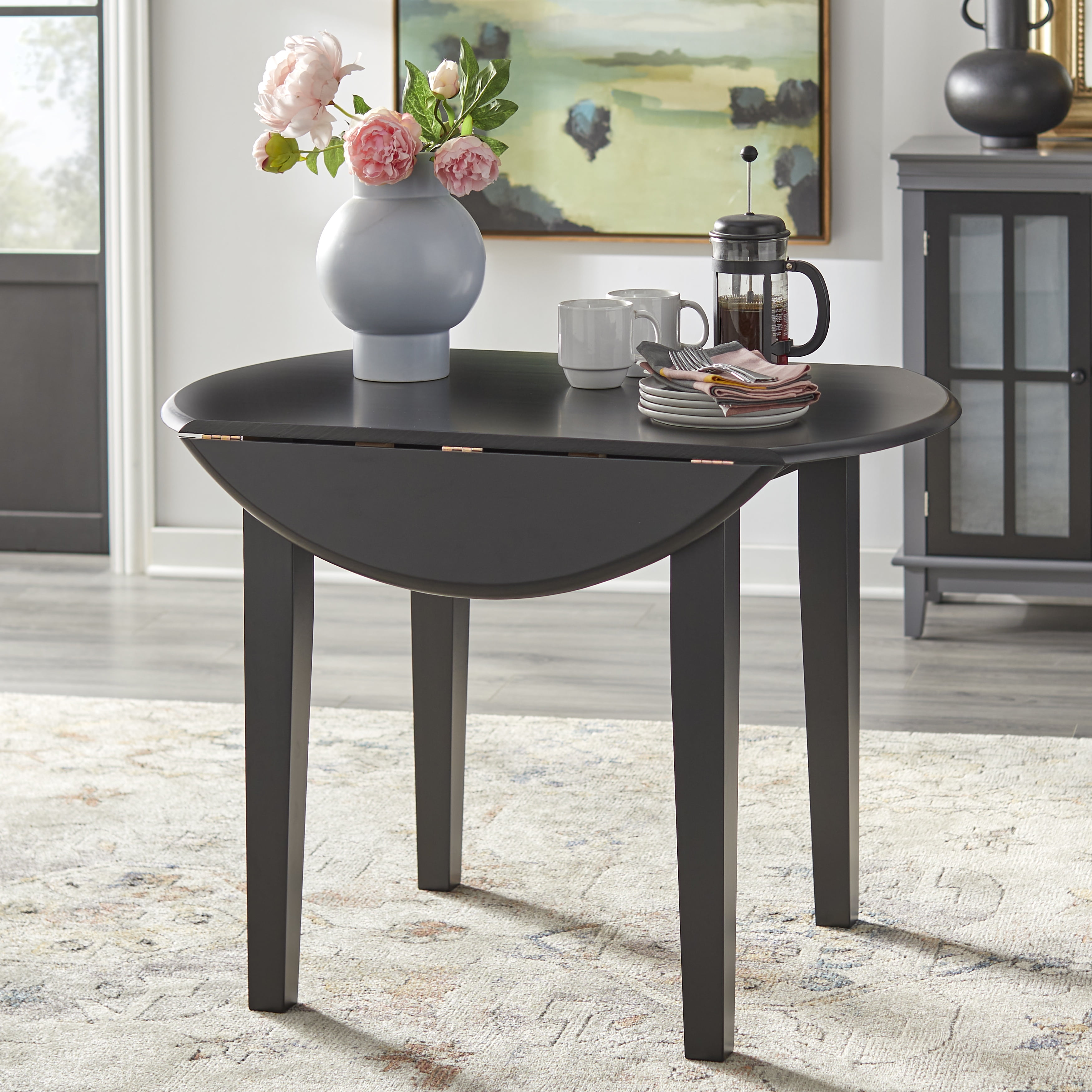 ★mi★ColemanNaturalWoodRollTable 90 TMS Solid Rubber Wood Round Drop-Leaf Dining Table, White