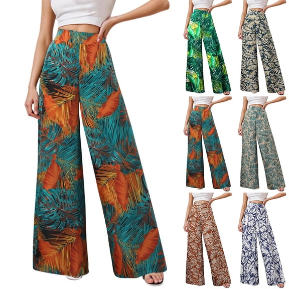 DHFJKG Women's Boho Pants High Waisted Wide Leg Floral Printed Flowy Palazzo Summer Beach Vacation Clothes Stylish Trousers
