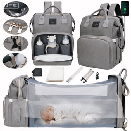 Diaper bag large backpack, multifunctional baby diaper changing bag, with foldable crib and thermos bag, large capacity travel backpack, with USB charging port and baby carrier (gray)