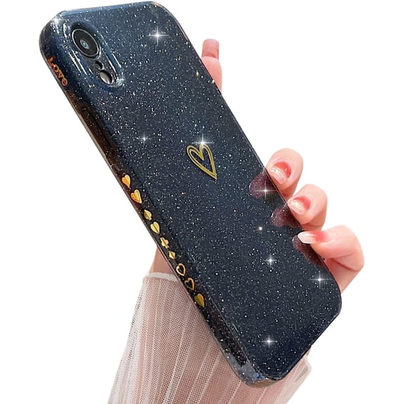 Compatible with iPhone XR Case,Love Heart Pattern Design Soft TPU Shockproof Protective Case Bling Sparkly Glitter Cover for iPhone XR-Black