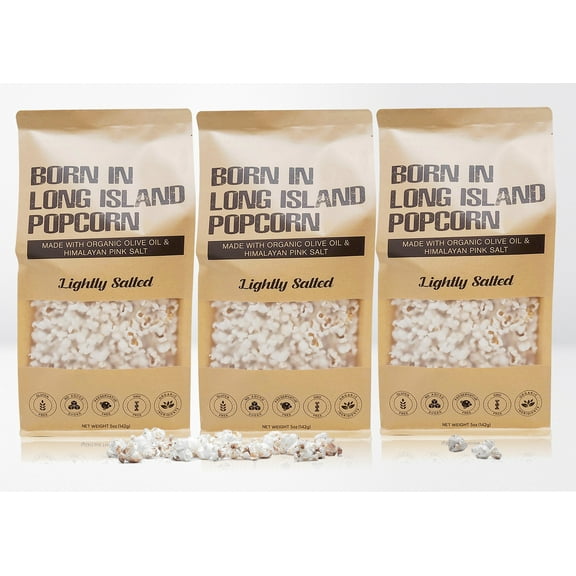 Born in Long Island Popcorn | Lightly Salted-3pk, 5 oz | Gluten Free, Non-GMO, Preservative Free, Organic Ingredients.
