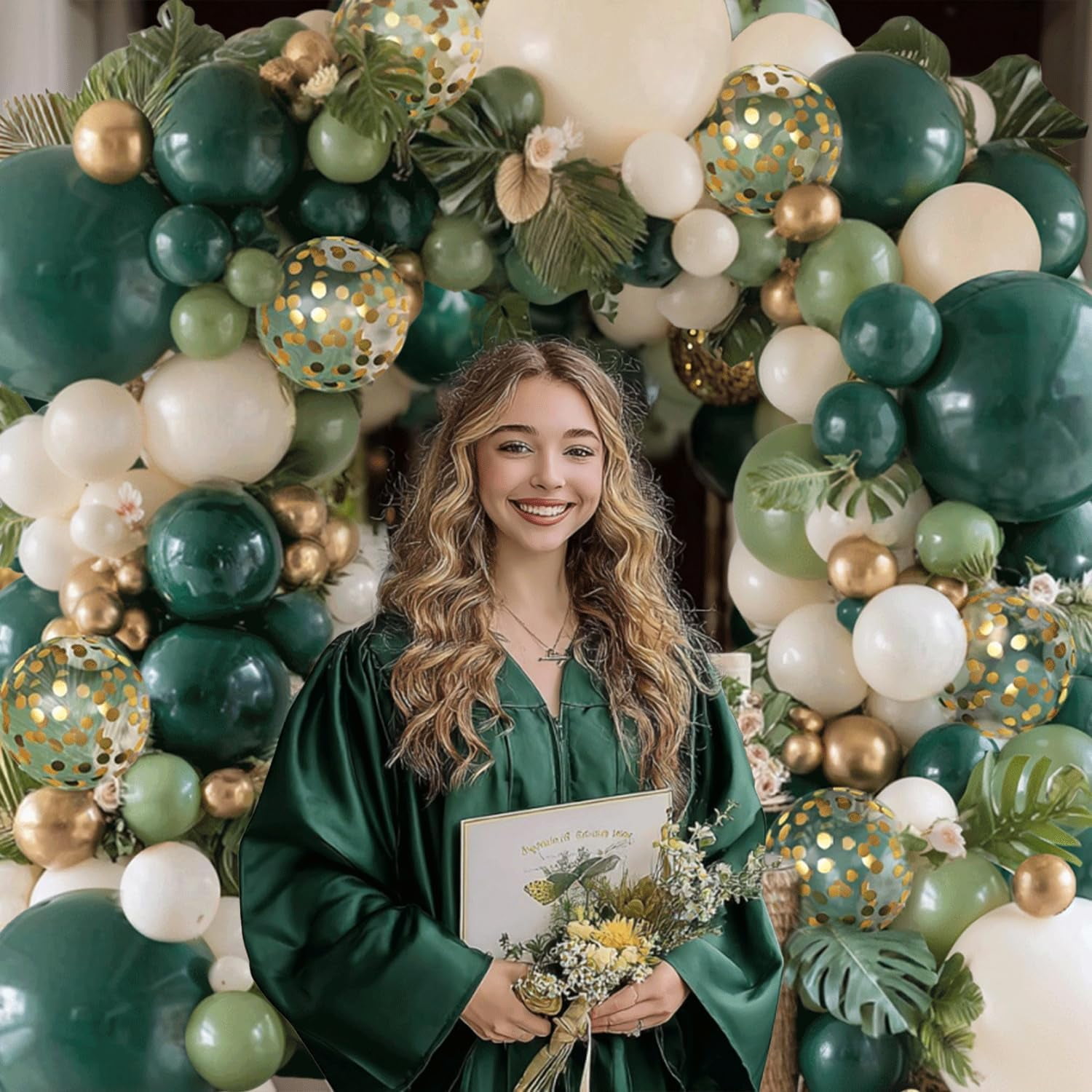 Emerald Green White Gold Balloon Arch Kit, Double Stuffed Sage Olive Green Sand White Beige Chrome Gold Confetti Balloons, for Wedding Birthday Graduation Jungle Safari Party Decor