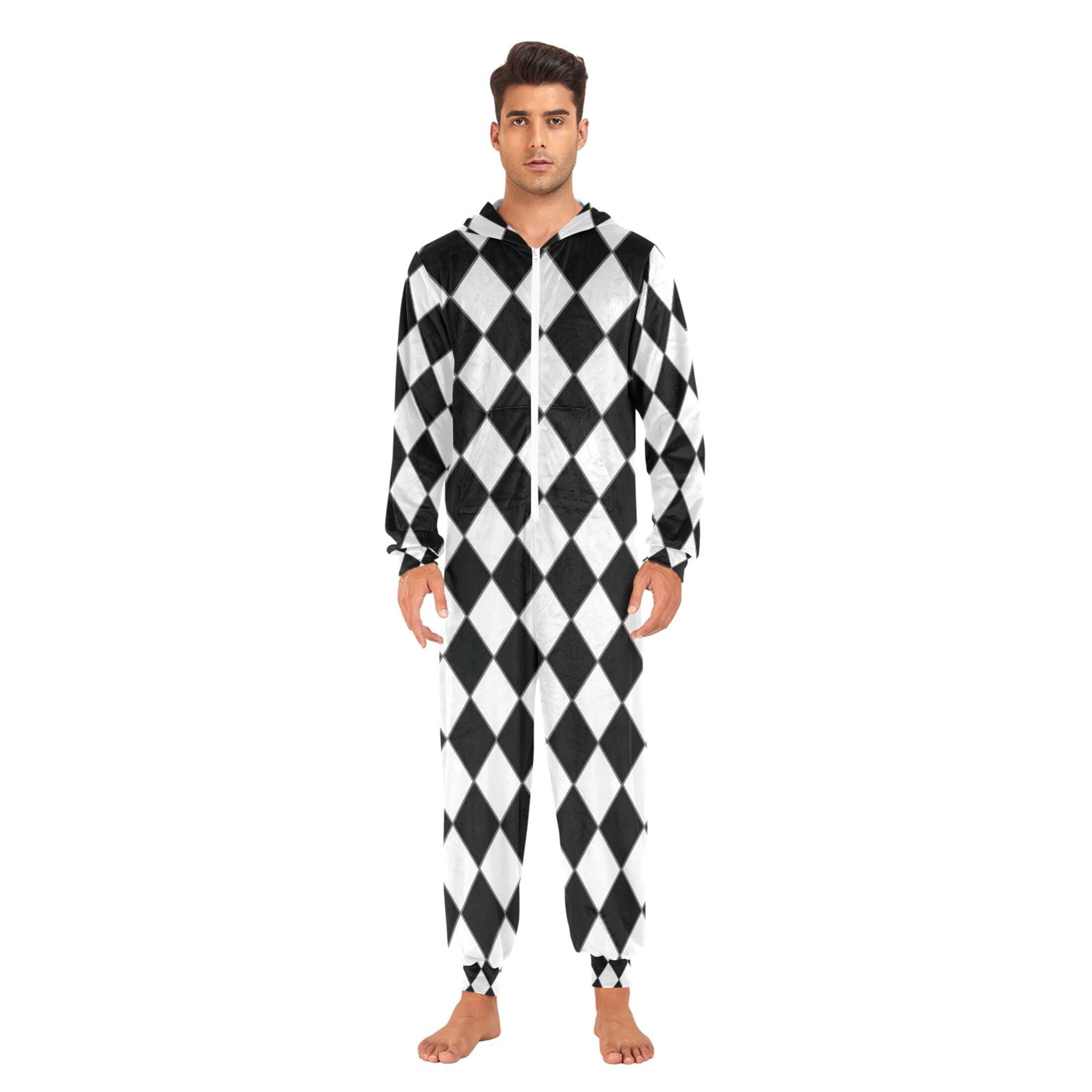 Adult Christmas Onesie Diamond Black and White Grid Adult Zipper One-Piece Pajamas Unisex Pajamas with Pockets
