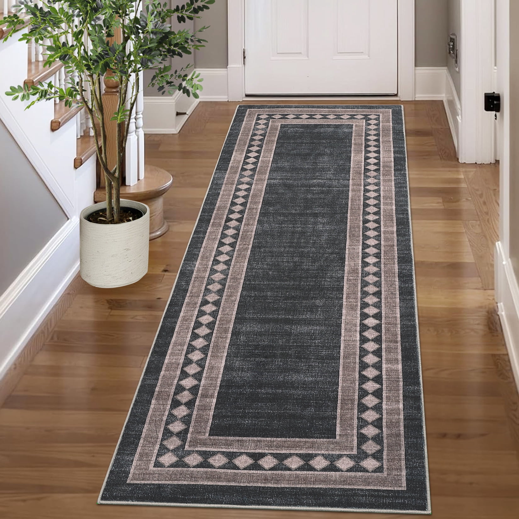 Garvee 2'x6' Modern Runner Rug Solid Bordered Rugs, Washable Geometric Neutral Accent Carpet with Non-Slip Backing, Low Pile Stain-Resistant Rug for Entryway Laundry Bathroom Bedside, Black Brown
