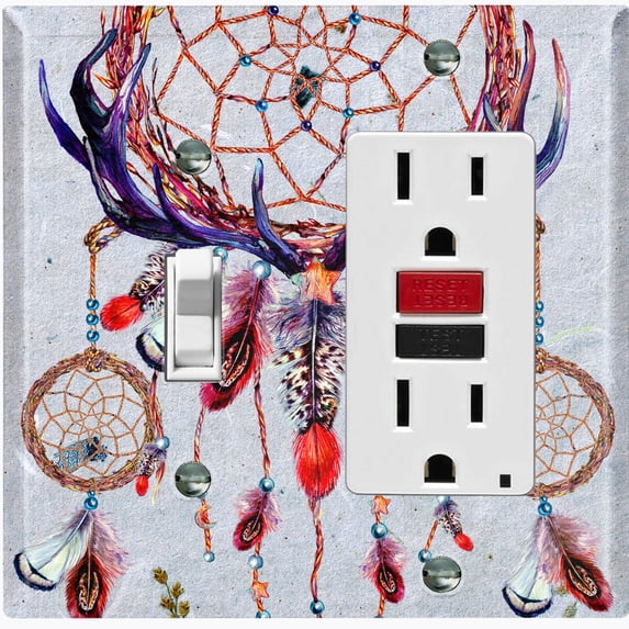 Metal Light Switch Plate Cover Antler Beaded Feather Dreamcatcher DRM001