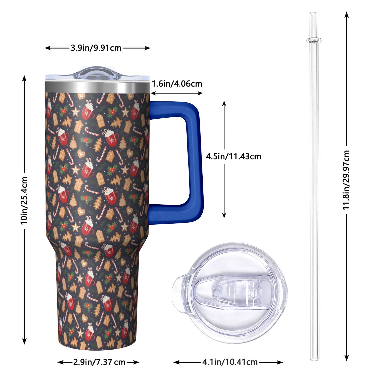 Dark Christmas Drink and Cookie Pattern Tumbler with Handle and Lid,40oz Double Wall Vacuum Insulated Tumbler,Cups Gift for Women and Men