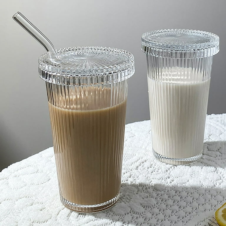 MEFFEE Tumbler Stripe Glass Cup, Vintage Glassware, Elegant Ribbed Glass Tumblers, Ribbed Glass Drinking Jars, Coffee Cup with Lid and Straw