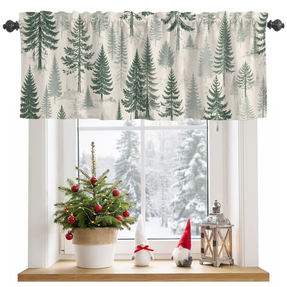 Kitchen Curtain Valance 54"x18",Blackout Rod Pocket Valances Green Christmas Tree Seamless Small Window Treatment Panel for Living Room Bedroom Windows,Retro Linen