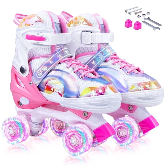 Bvivok Roller Skates for Girls Size (M: 1-4), 4 Sizes Adjustable, with Light up Wheels, Pink