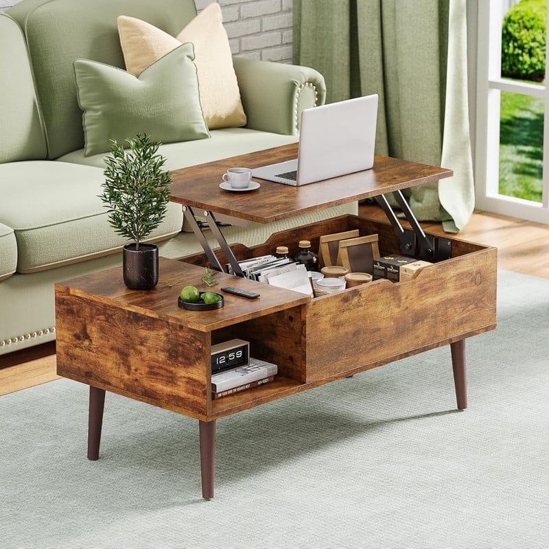 Kelno Lift Top Coffee Table with Hidden Storage Adjustable Height Wood Center Table with Shelf,Rustic Brown