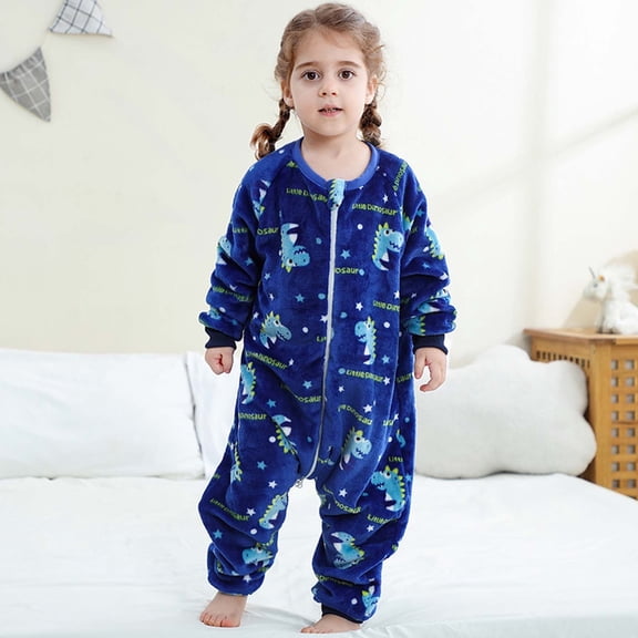 FAIOROI Little Girls' Blue Dinosaur Onesie - 5T, 100% Polyester Warm Zip-Up Sleepwear, Easy-On Loungewear for Home Play & Lounging