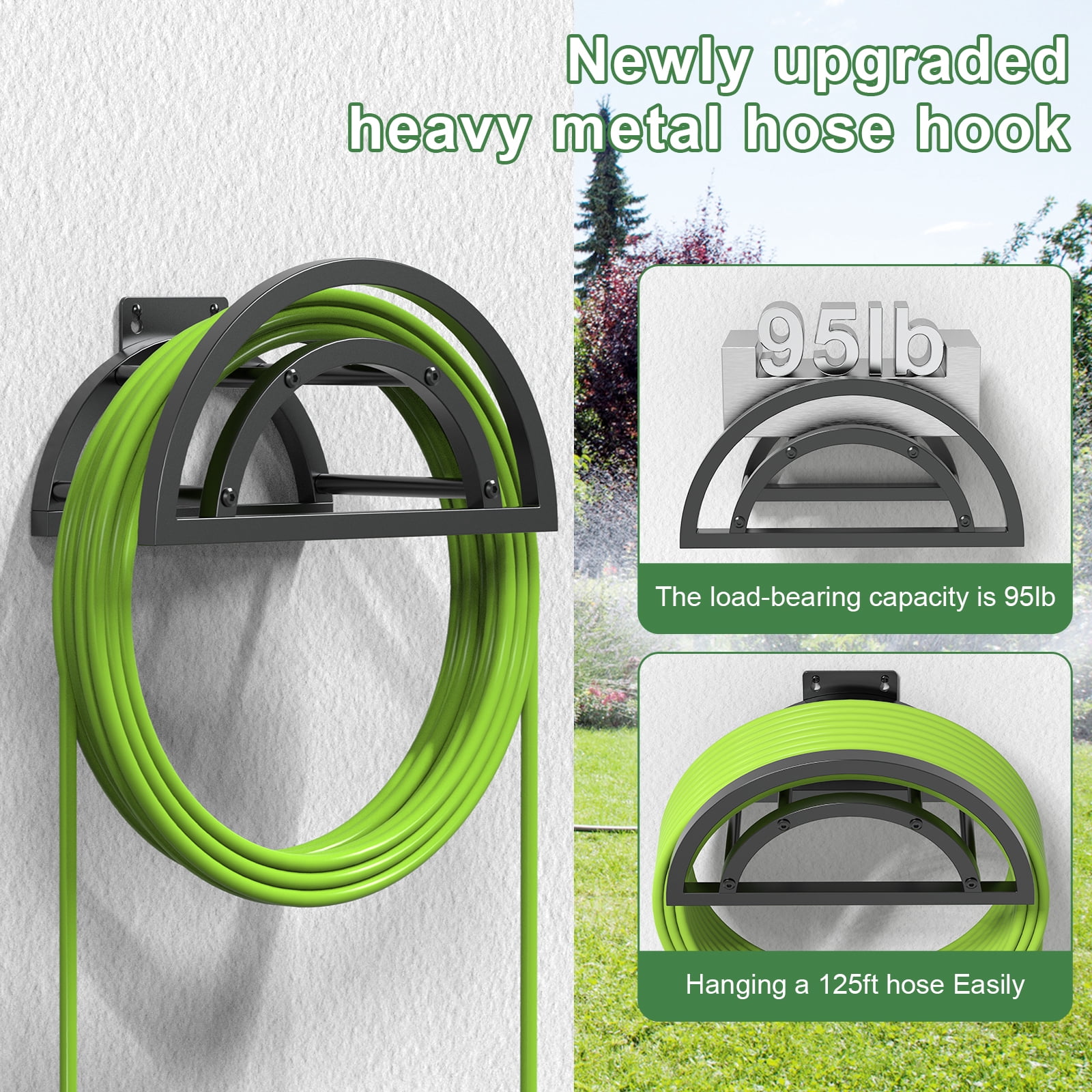 OLV Hose Holder Wall Mount, Outdoor Water Pipe Holder Holds 125ft/95lb Hose, Heavy Duty Metal Detachable Hose Hanger Reel Storage Organizer