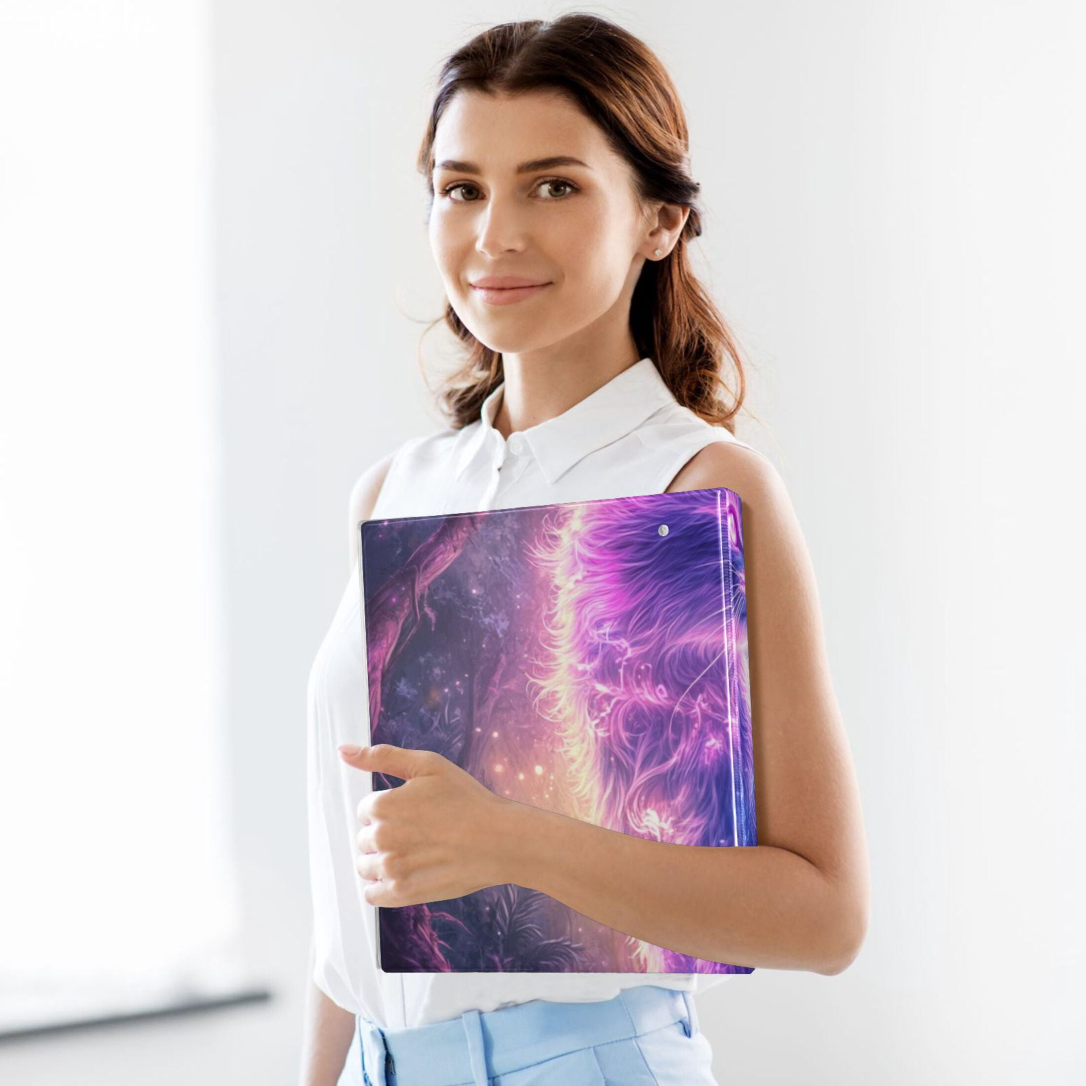 Cat Glowing Neon Hair 3 Ring Binders 1.5 inch Hardcover File Folders with Interior Pockets A4 Size Organizer for School Office Hospital