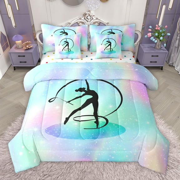 Homewish Kids Gymnastics Dancing 7-Piece Twin Bedding Sets,Gradient Blue Green Bedding Comforter Set,Kids Gymnast Sports Sheet Sets For Girls,Breathable Home Decor Reversible