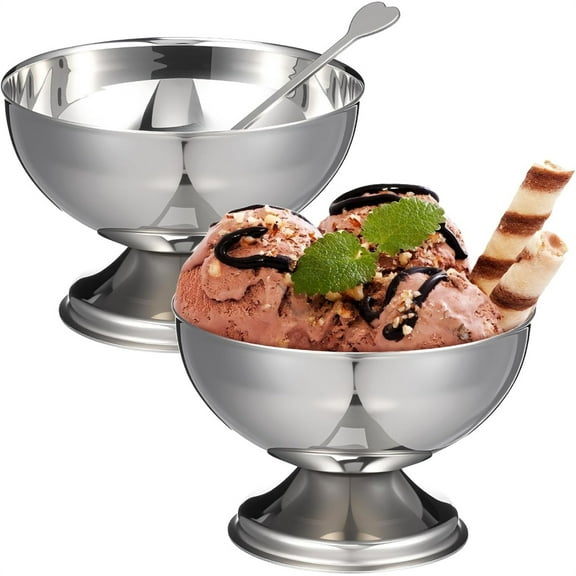 NOGIS 1Pcs Ice Cream Cup with Fork, Footed Ice Cream Bowl, Unbreakable Stainless Dessert Bowl, Multi-Functional for Yogurt, Sundae, Pudding - 9.2cm