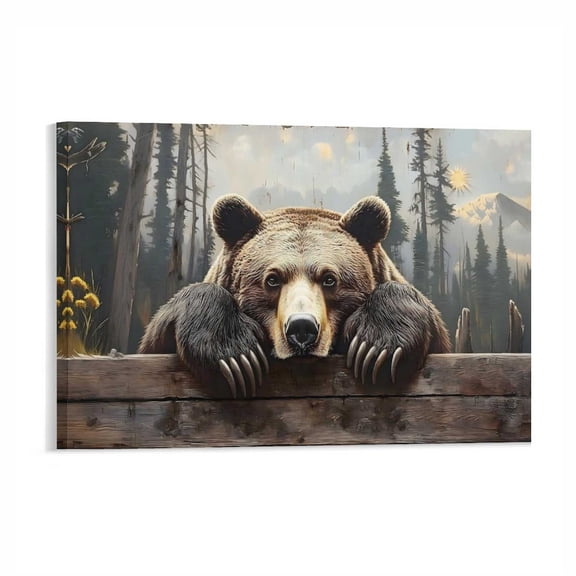 AIOE Bear Pictures Wall Decor, Animal Bear Wall Art Painting for Living Room, Vintage Animal Pictures Forest King for Bedroom, Nature Wildlife Art for Office Study Frame: 18x12in