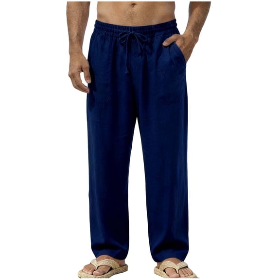 IROINNID Drawstring Pants for Men Solid Casual Drawstring Waistband Cotton Linen Loose Fit Trousers Pants with Pocket