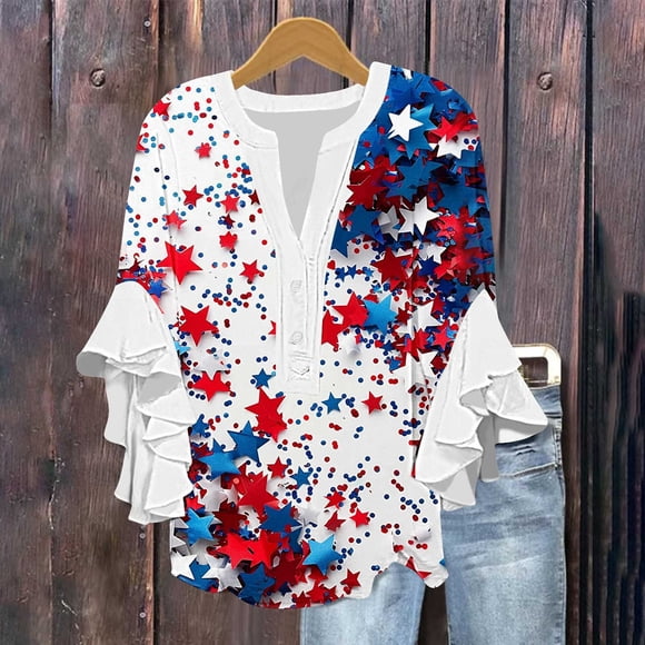 Sijiajgjfu 3/4 Ruffle Sleeve Tunic Blouses American Flag Independence Day Henley V Neck Shirts Hide Belly Button Down Summer Tops Multicolor XXL