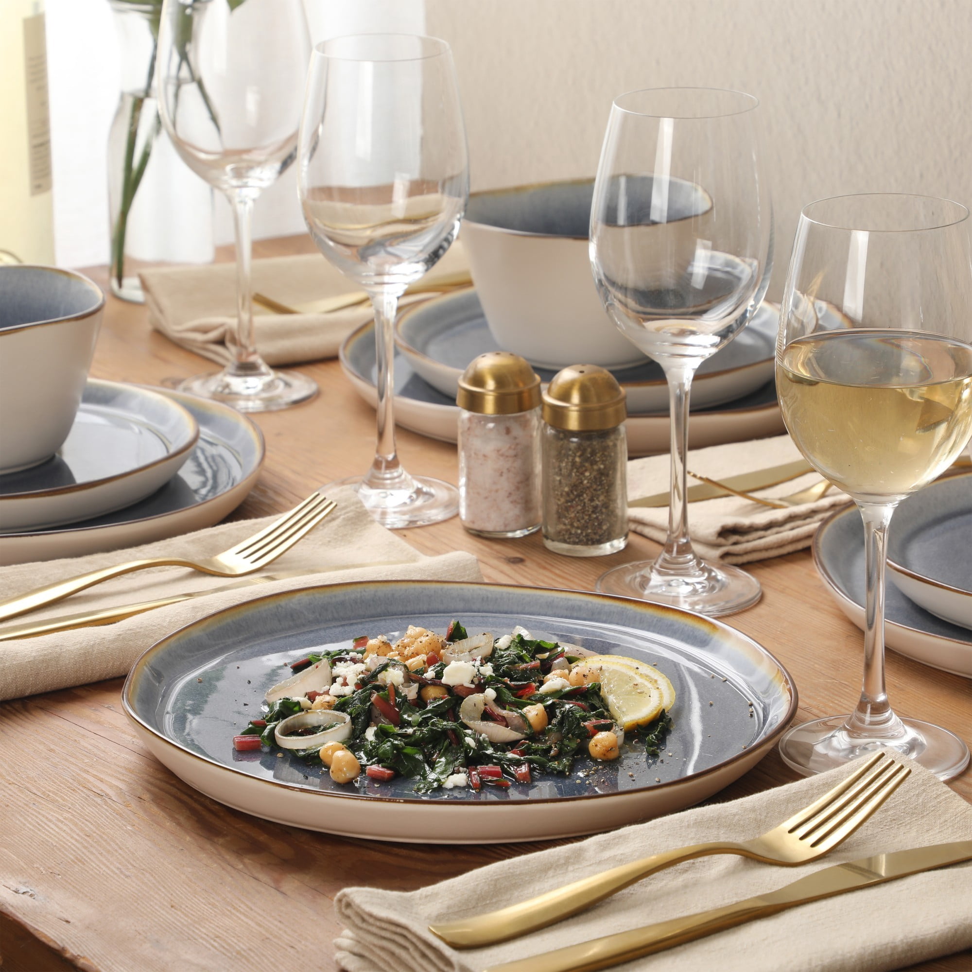Gibson Elite Algeria River Plates and Bowls Sets, 12-Piece Stoneware Dinnerware Sets, Reactive Glaze Dish Set - Blue