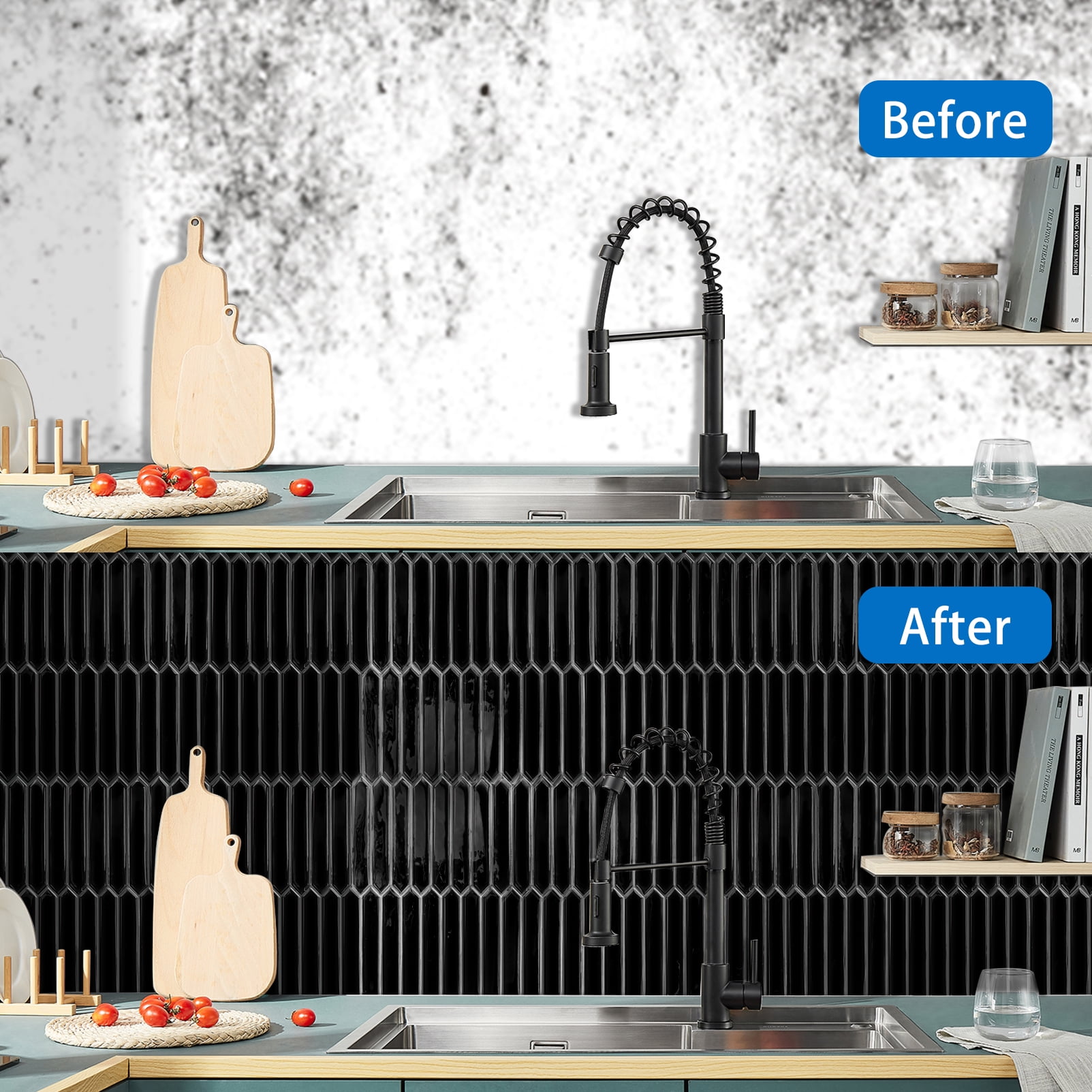 DEWOO Black Tile Peel and Stick Backsplash, 10 Sheets Self-Adhesive Wall Tiles Stick on Back Splash for Kitchen, Bathroom, Fireplace,RV(12"×12",Black Marble)