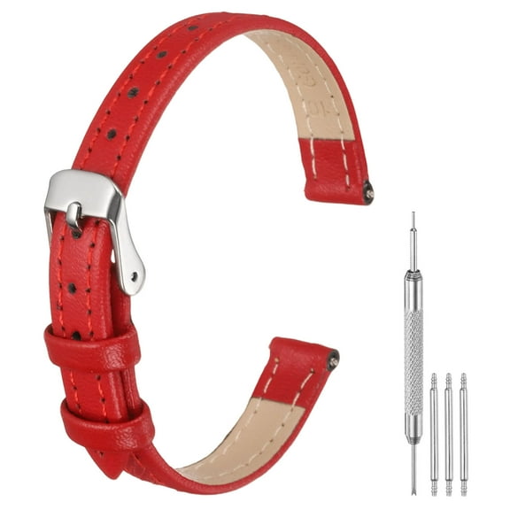 Uxcell Leather Watch Bands for Men and Women, 10mm Quick Release Watch Strap Replacement, Flat Thin Elegant Leather Watch Strap with Strap Tools, Red