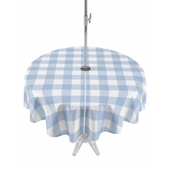 Outdoor Tablecloth with Umbrella Hole for Patio/Picnic/Party/Camping, Light Blue Plaid Waterproof Table Cloth Round Cover Washable, Modern Minimalist Country (Dia 60")
