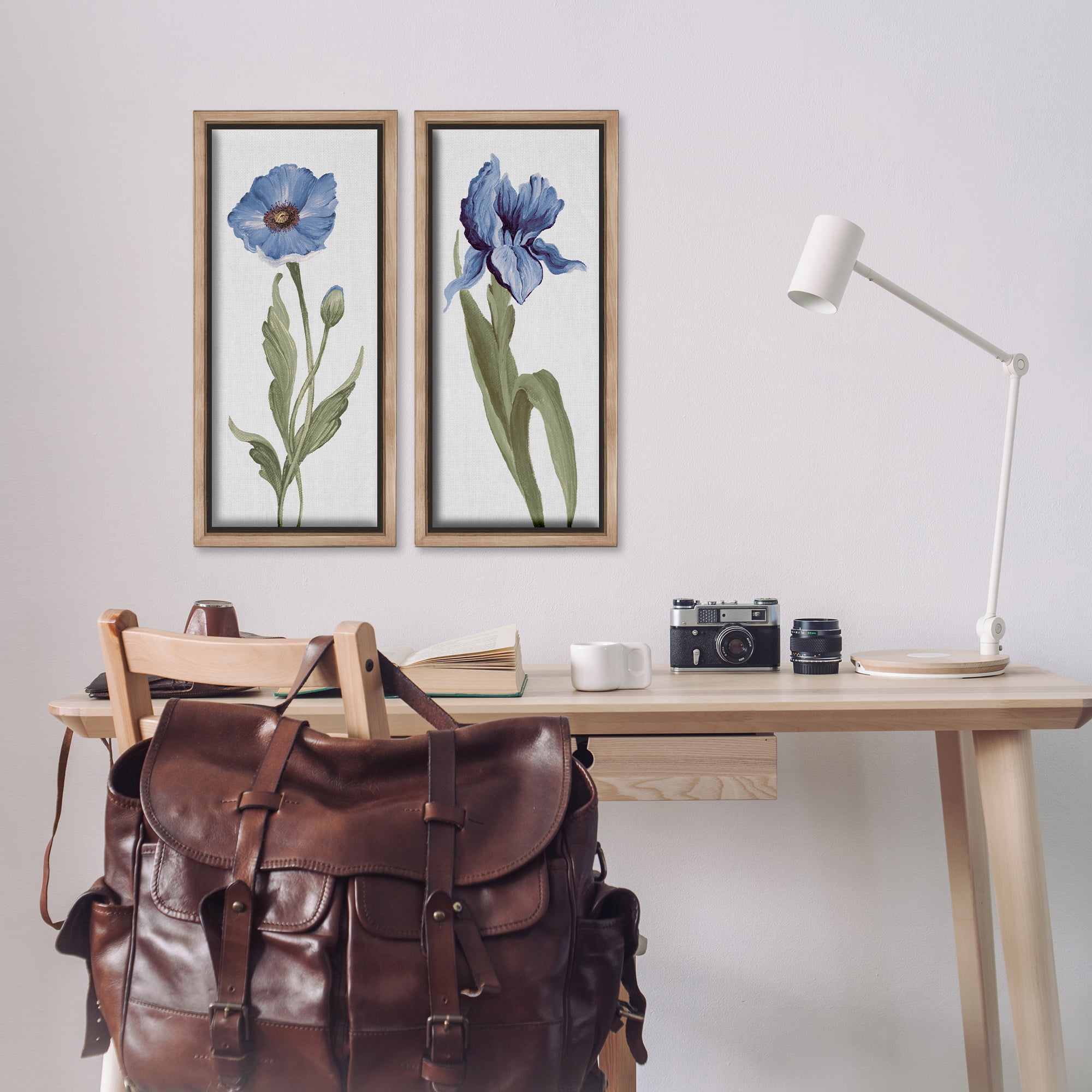 Stupell Industries Blue Poppy and Iris Flowers Plants & Flowers Painting Brown Floater Framed Canvas Art Print Wall Art, 11 x 25, Set of 2