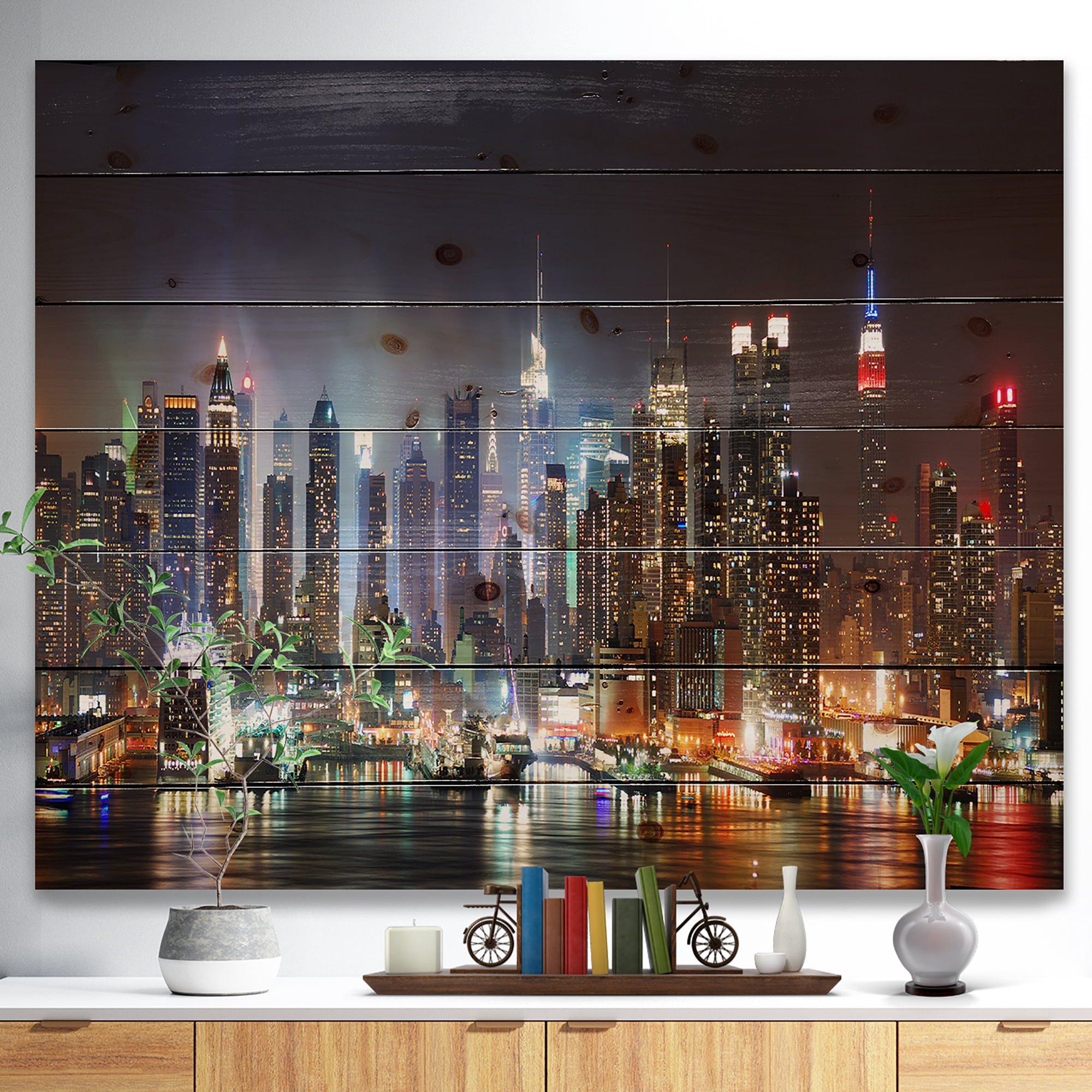 Designart 'Lit NYC Manhattan Skyline ' Cityscape Print on Natural Pine Wood