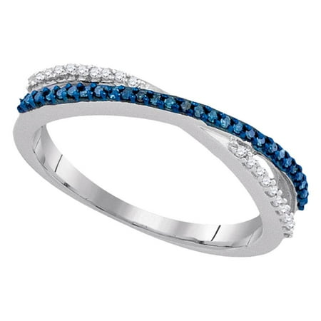 - 10kt White Gold Womens Round Blue Color Enhanced Diamond Slender Crossover Band 1/6 Cttw