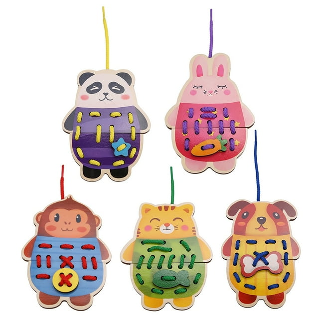 Greensen Educational Animal Threading Toy, Animal Lacing Board,Children Cartoon Wooden Animal Threading Board Game Kids Educational Toy