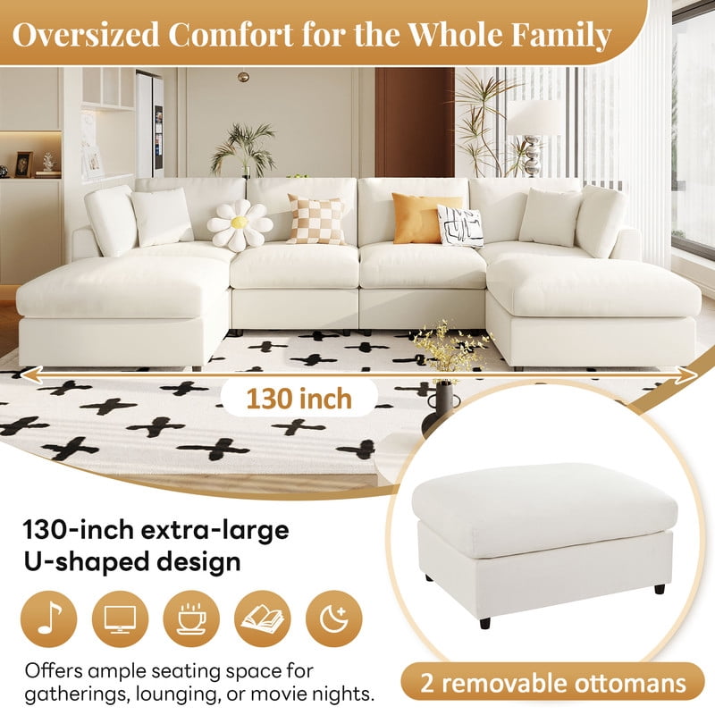 U-Shaped Modular Sectional Sofa with 2 Movable Ottomans, 128'' Chenille Upholstery Sofa Couch, 6-Piece Configurable Couch, Deep Seat Sofa for Living Room, Home Theater