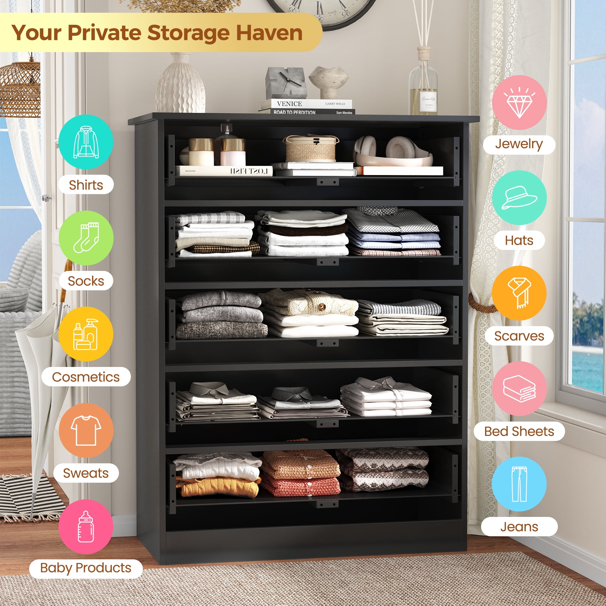 NEGYLIM 5 Drawer Dresser Tall, Modern White Chest of Drawers with Anti-Tip, Large Storage for Bedroom, Hallway, Entryway, (Black)