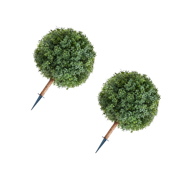 KFFKFF Artificial Topiary Boxwood Trees with Ground Spike, 27-Inch Set of 2 Faux Shrubs & Bushes, Realistic-Looking Silk Plants for Front Porch, Outdoor, Indoor, Patio, Garden, Balcony