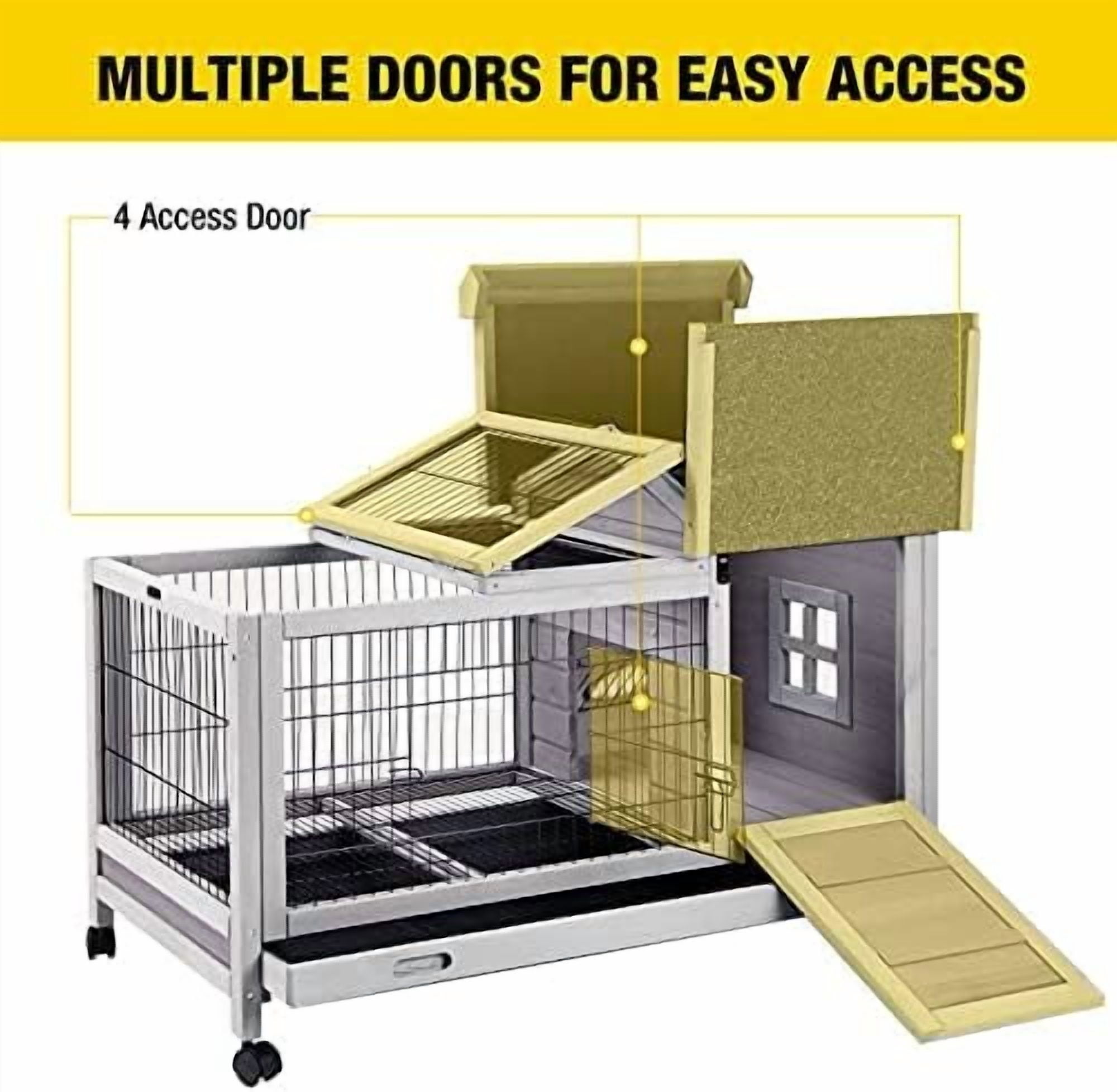 Wooden Rabbit Hutch with Removable Wire Floor Grid, Bunny Cage with Deeper Leakproof Tray 4 Wheels Include