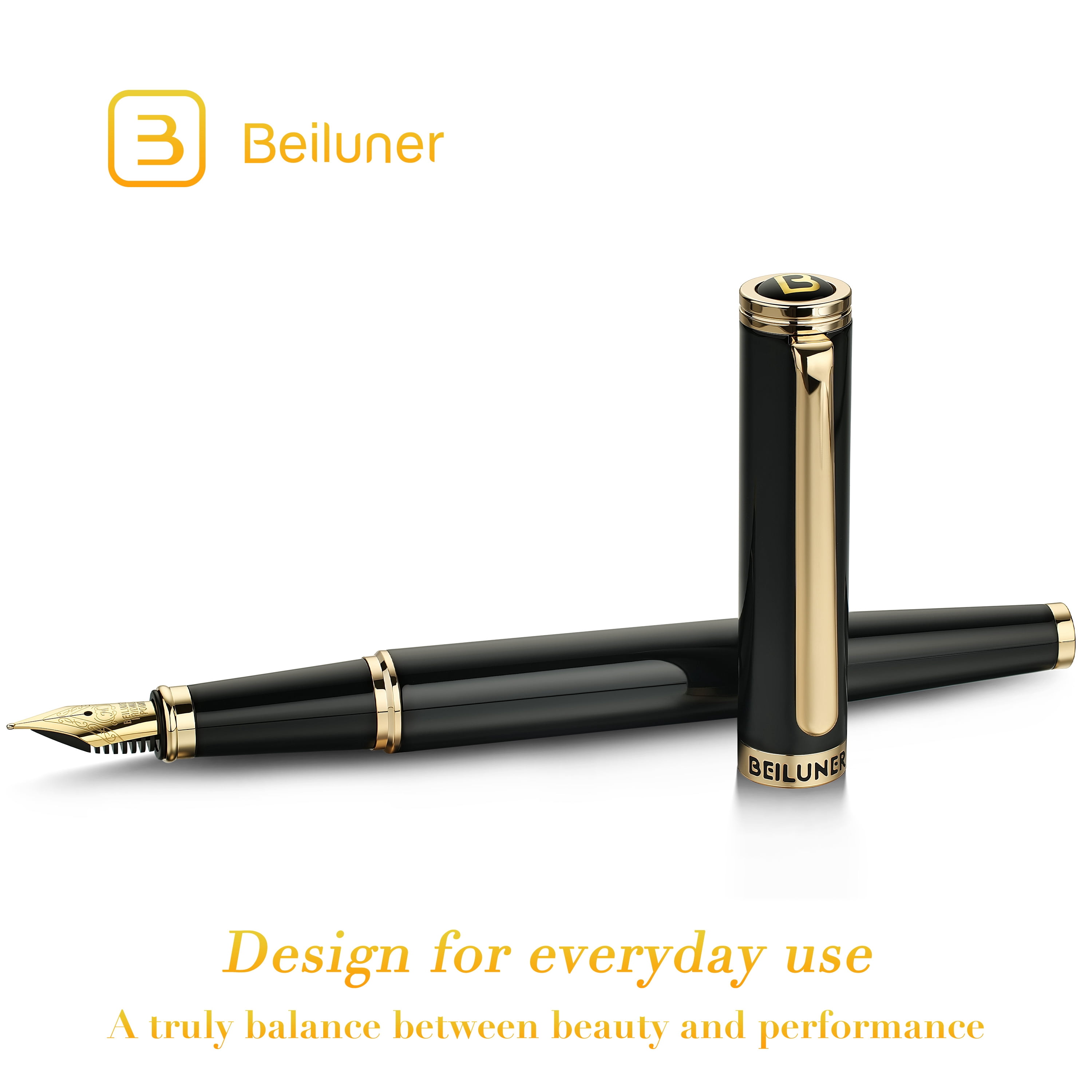 BEILUNER Black Fountain Pen,Stunning Luxury Pen,24K Gilded Nib(Medium),Gorgeous 24K Gold Finish,German Schneider Ink Converter,Trustworthy Pen Gift for Men&Women-Elegant, Office,Nice Pen for Writing