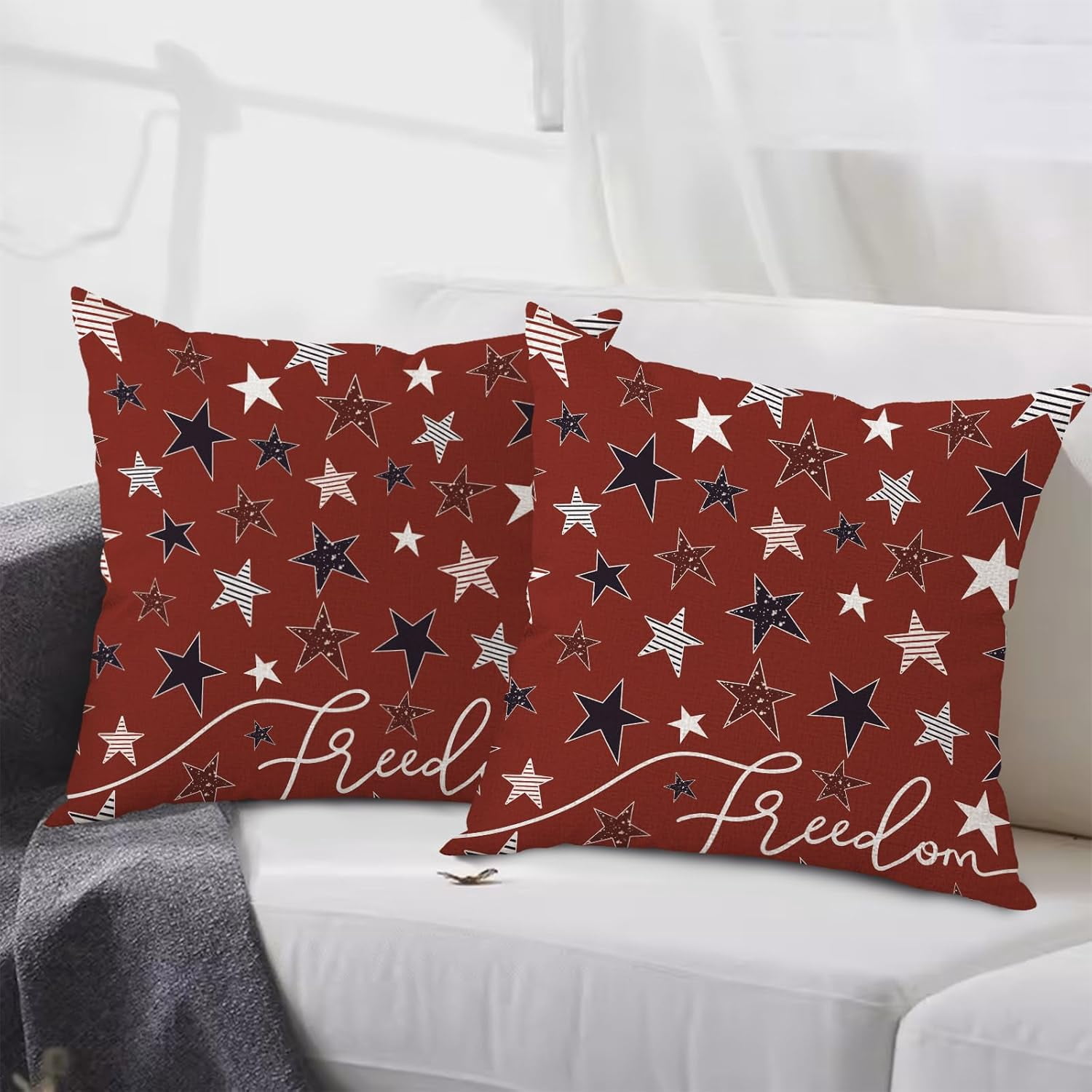 4th of July Patriotic Decorative Throw Pillow Cover 18x18 Set of 2 Red Blue Stars Freedom Memorial Day Independence Day Decorative Cushion Case for Home Decor