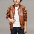 thumbnail image 2 of Ecqkame Boys Girls Leather Jackets Solid Color Motorcycle Trendy Stand Collar Jacket Winter Warm Windproof Full Zip Coat Brown 9 Years, 2 of 8