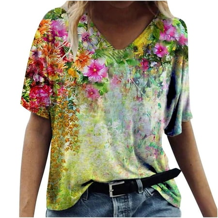 

Going Out Tops for Women Women s V-Neck Printing Loose Casual Fashion Short Sleeve Summer T-shirt Tops Summer Tops Yellow L