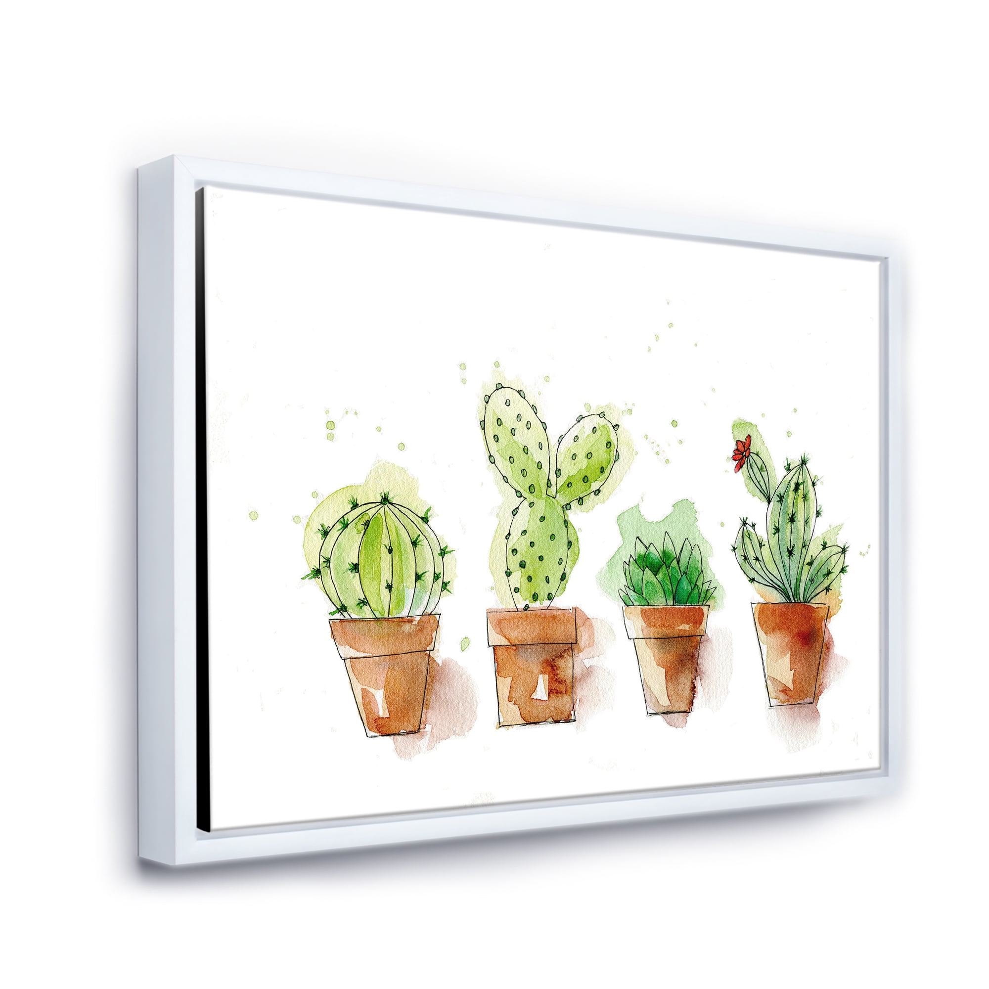 Designart 'Cacti In Gentle Tones In Ceramic Pots I' Traditional Framed Canvas Wall Art Print