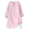 thumbnail image 4 of Pink Long Sleeve Shirts for Women, Flax Womens Fall Fashion 2024, Women's Loose Solid Color Standing Collar Button Long Sleeve Breathable Cotton And Linen T Top M, 4 of 4