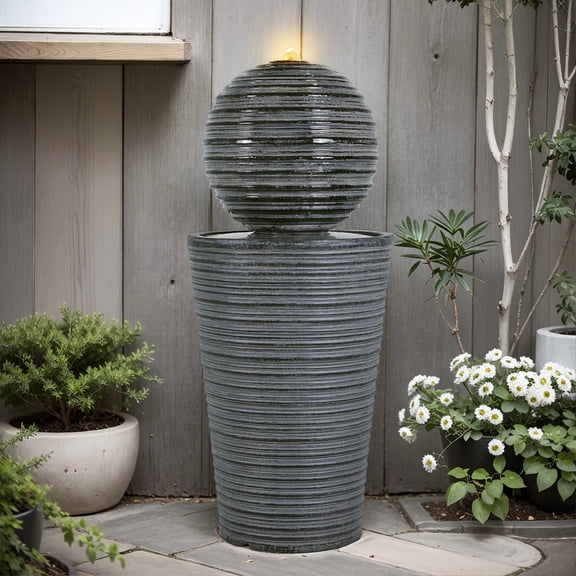 31.5"H Tall Striped Concrete Column Fountain-LED Light,Shadow Ambiance Maker for Modern Outdoor Spaces