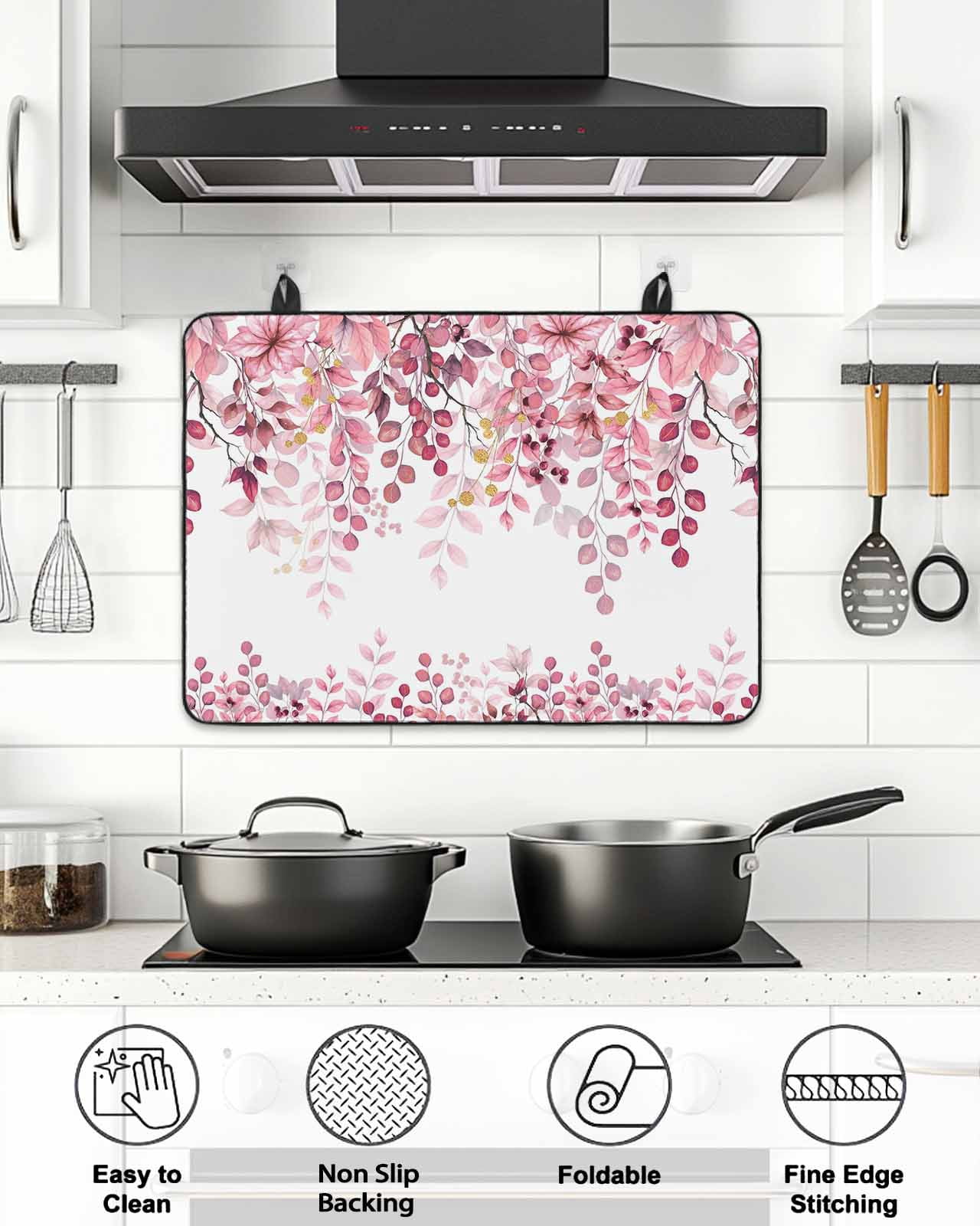 Stove Top Covers for Electric Stove, Pink Eucalyptus Leaves Glass Stovetop Cover Protector, Summer Botanical Watercolor Induction Cooktop Protector Oven Mat for Kitchen Countertop 36"x21"