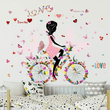 DIY Colorful Loving Hearts Flowers & Butterflies Girl Riding Bicycle ...