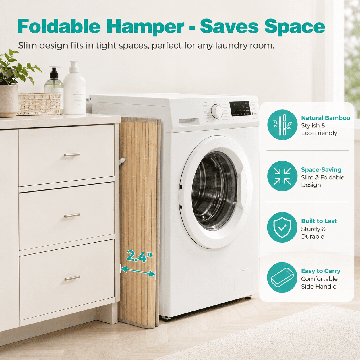 MEHOOM Laundry Hamper, 100L Foldable Laundry Basket with Lid and Handles (Natural Bamboo)