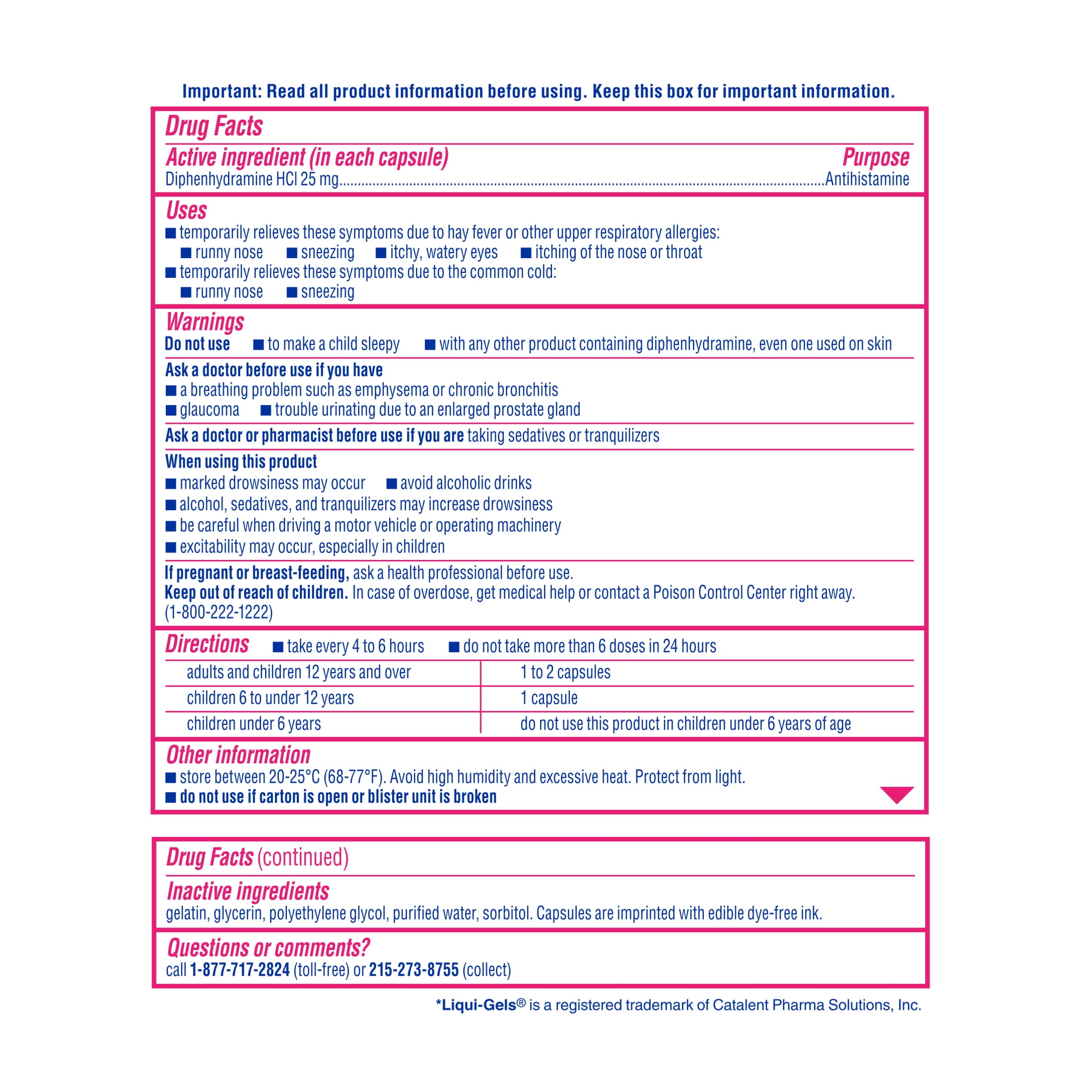 Benadryl Liqui-Gels Allergy Medicine, Diphenhydramine, Dye Free, 24 Count